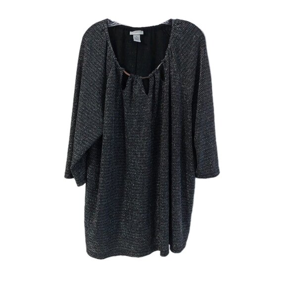 Catherines Plus Blouse Size 4X Christmas Black Shine Silver Tunic Metal Party - Picture 1 of 8